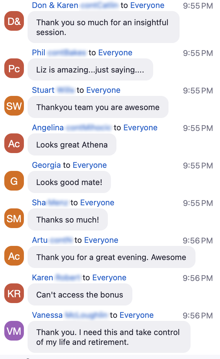 Members thanking the team in a live coaching session