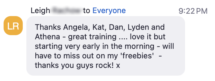 Leigh thanking Angela, Kat, Dan, Lyden and Athena for the training