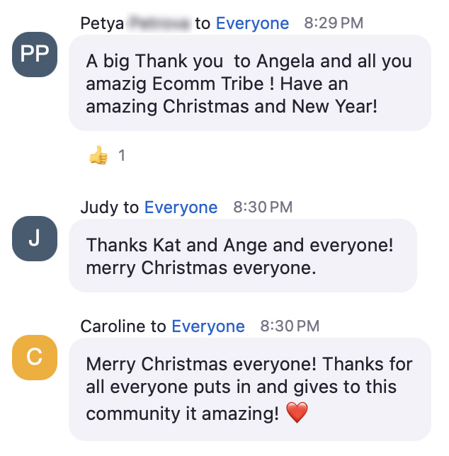 Members thanking Angela, Kat and the community