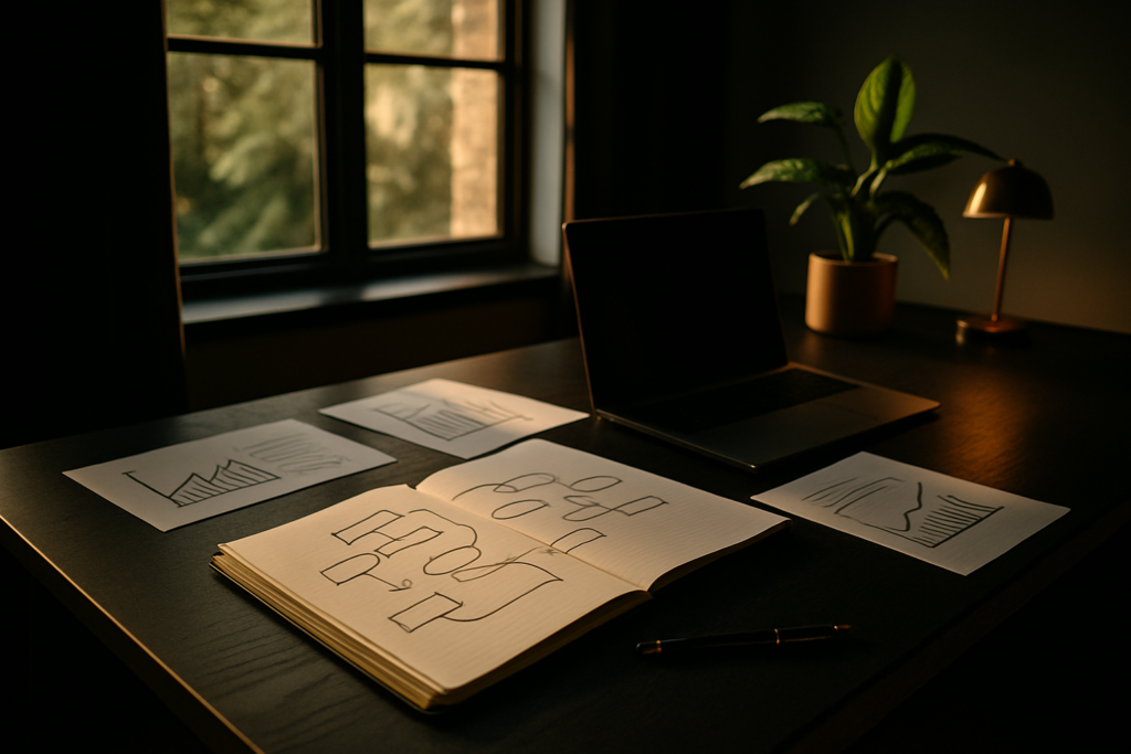 Bright home office with notebook, laptop, plant, and gold lamp in warm, modern setting.
