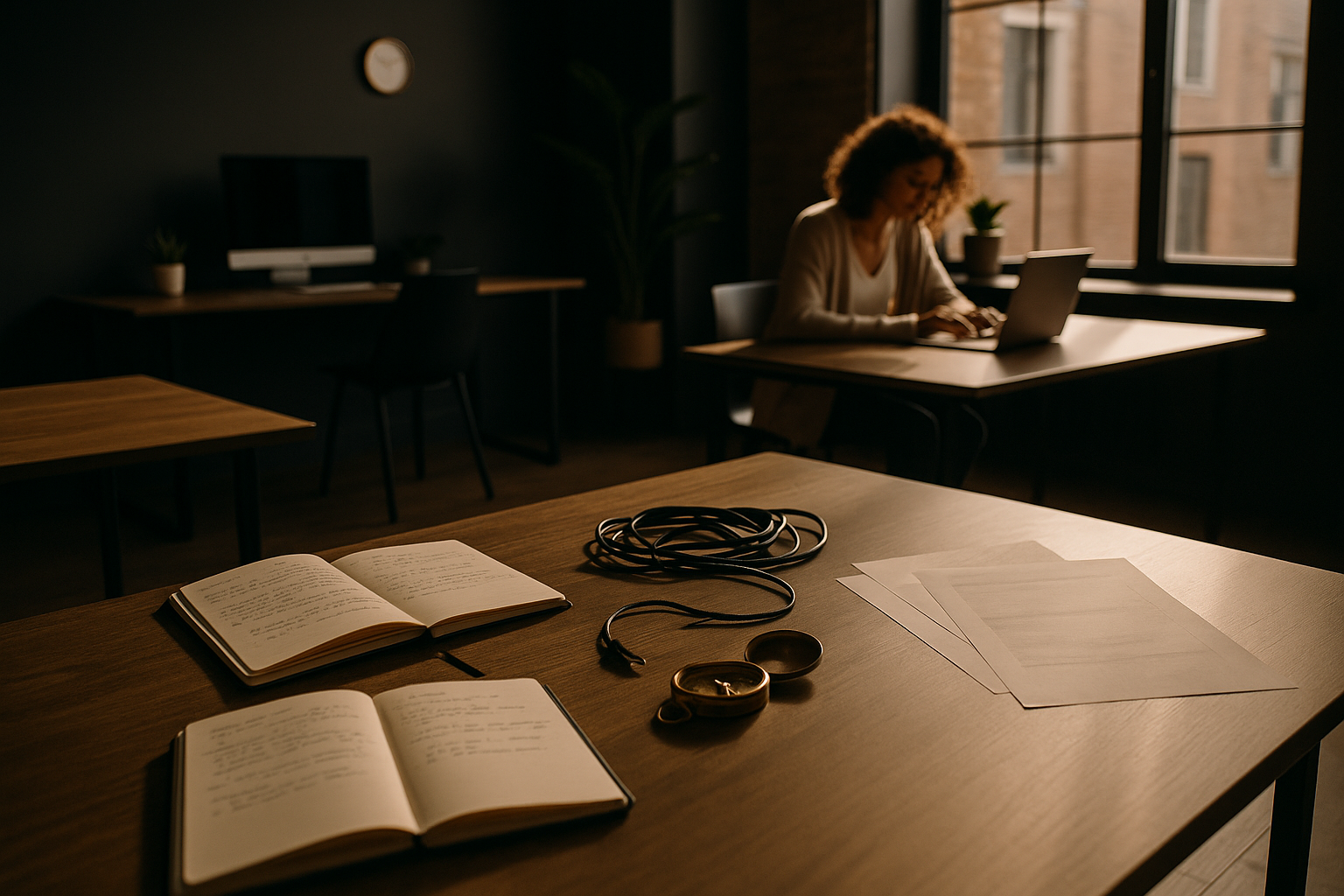Candid co-working loft scene with notebooks, compass, cables, and layered sheets in warm light.