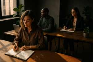 Candid co-working loft with focused individuals, notebooks, laptop, and growth symbols in warm light.