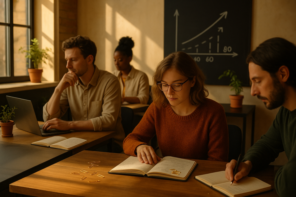 Candid co-working loft with thoughtful individuals, notebooks, plants, and abstract growth symbols in warm light.