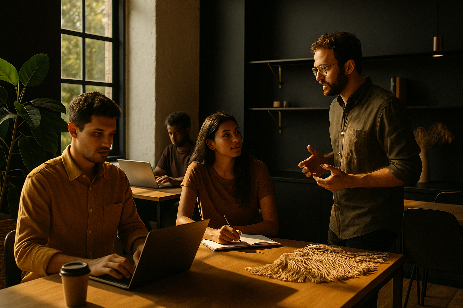 Candid co-working scene with people collaborating in a modern loft with natural elements and warm lighting.