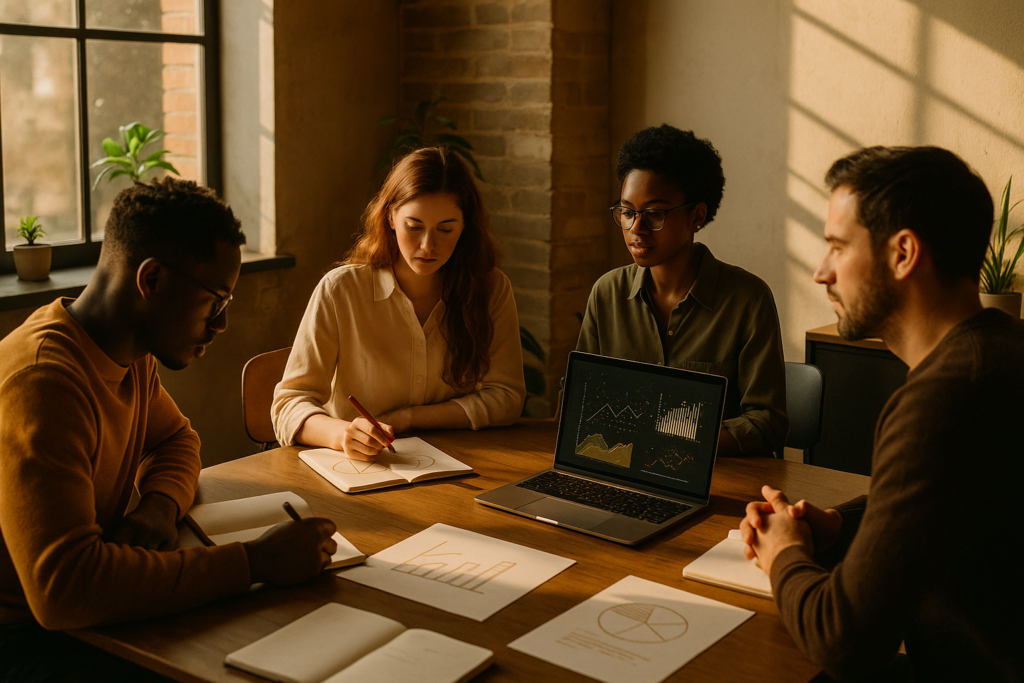 Candid group analyzing data around a wooden table in a modern, warmly lit co-working loft.