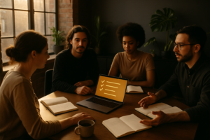 Candid group around wooden table with notebooks, laptop, tea, in modern loft with warm lighting.