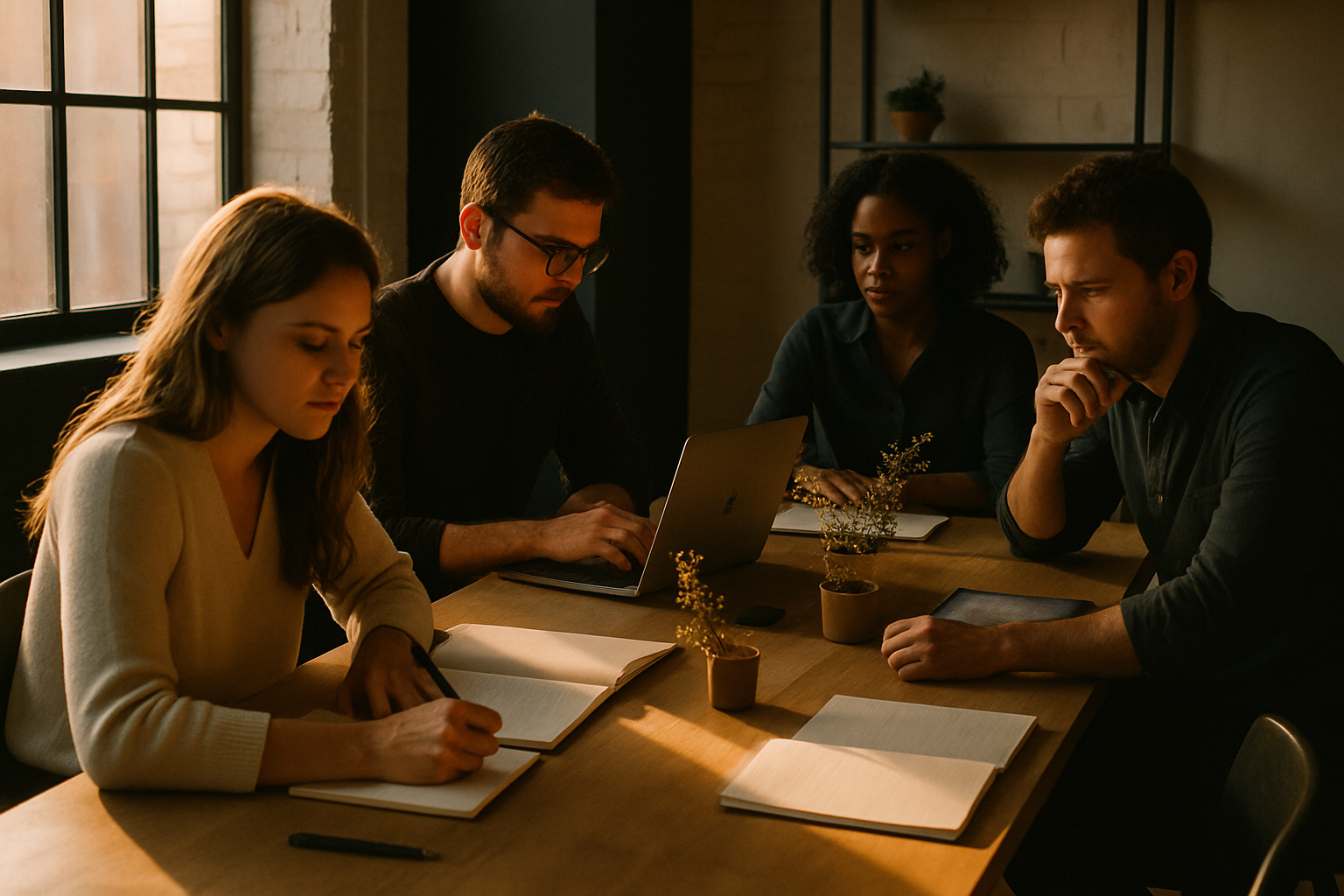 Candid group collaborating at a minimalist loft table with notebooks, devices, and plant accents in warm afternoon light.