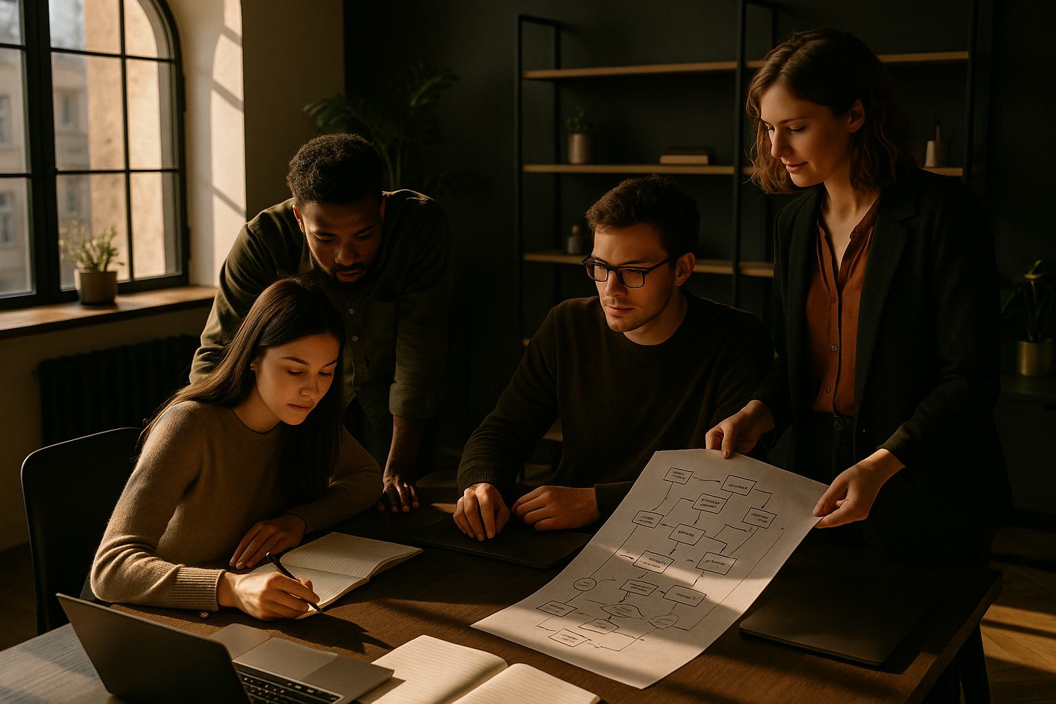 Candid group collaborating in modern loft with notebooks, laptops, and flowcharts in warm lighting.