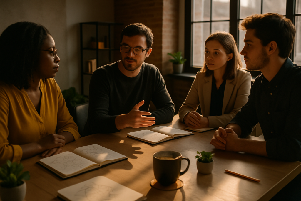 Candid group discussion in a modern loft with notebooks, coffee, plants, and warm natural light.