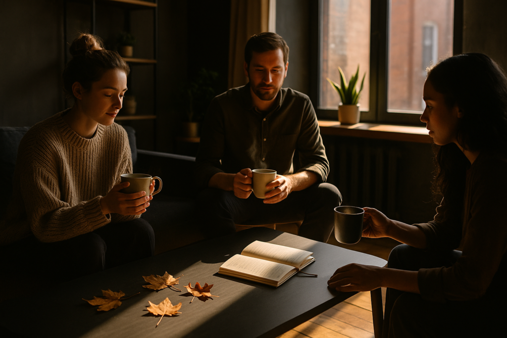 Candid group gathering with mugs, notebooks, and autumn leaves in a modern loft setting.