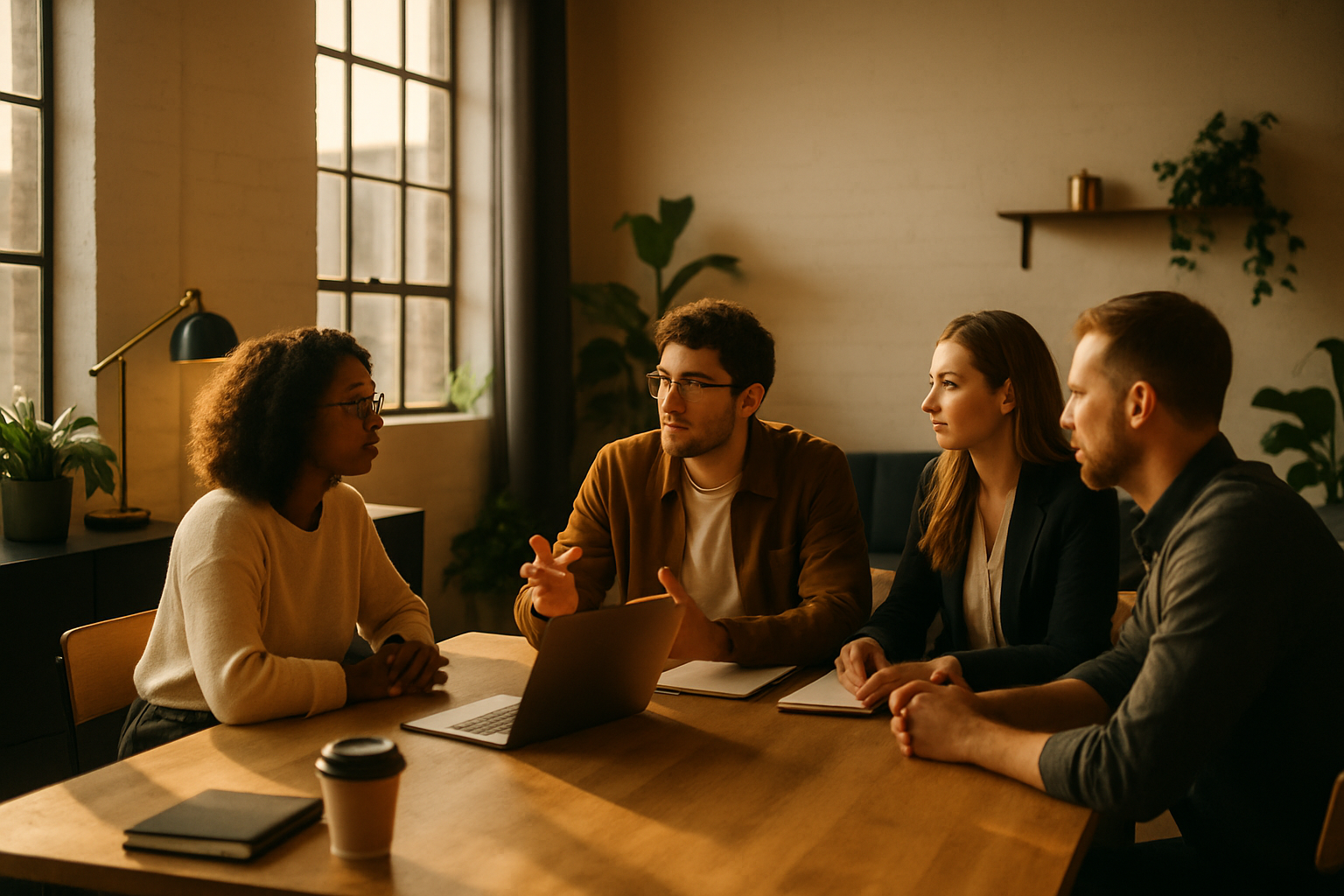 Candid group of professionals discussing around a wooden table in a modern, sunlit co-working loft.