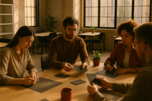 Candid group working at a wooden table in a sunlit modern loft with plants and colorful accents.