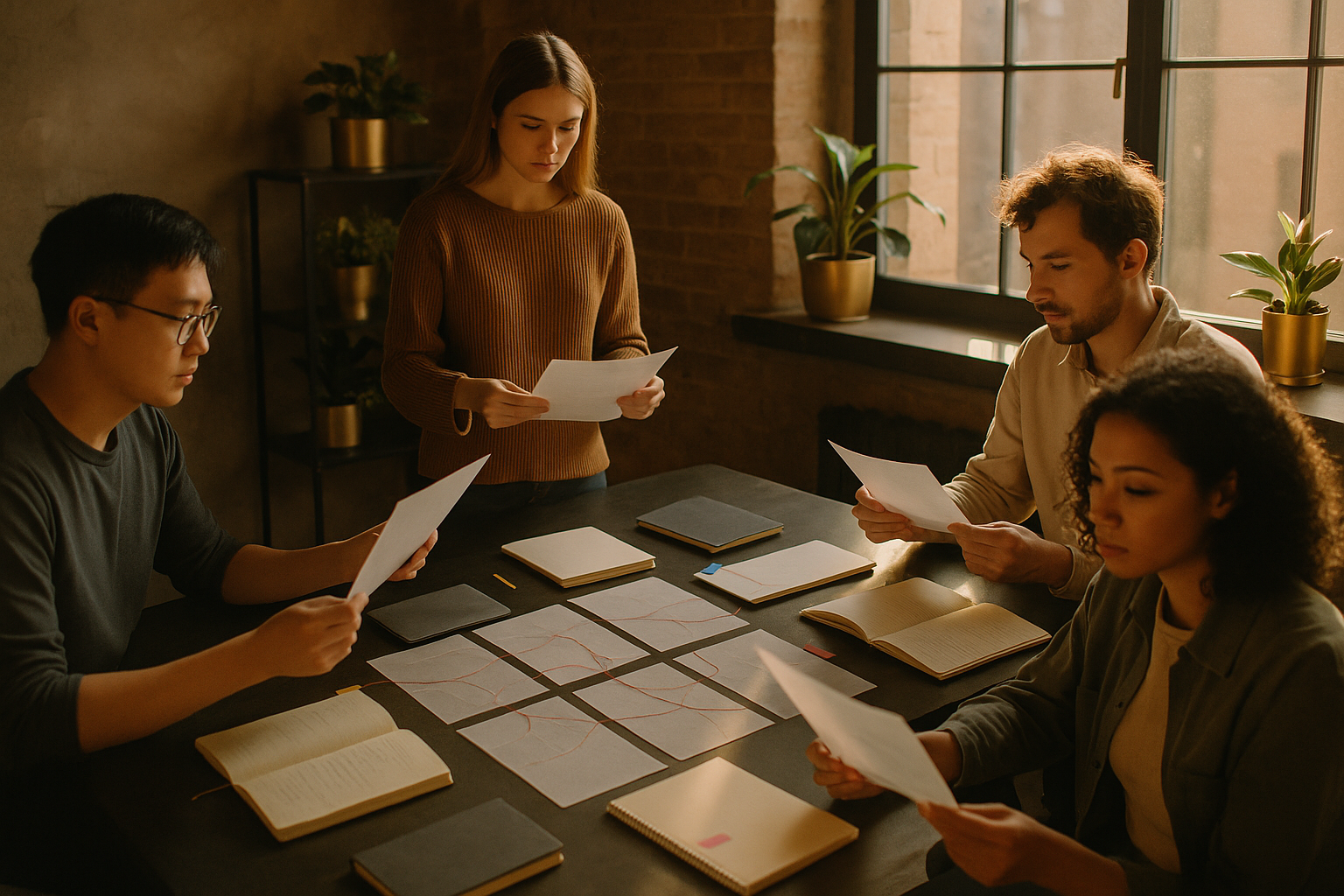Candid group working with translucent papers, notebooks, colorful tabs, and red-orange threads in loft.