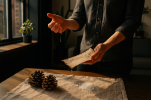 Candid loft scene with hands holding dripping maple sap, pine cones, and sea salt on linen.