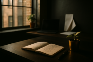 Candid loft scene with notebook, fountain pen, gold plant, blurred screens, and folded papers