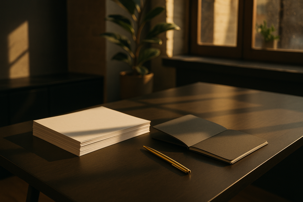 Candid loft scene with notebooks, gold pen, greenery, and abstract balance elements in warm light.