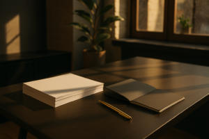 Candid loft scene with notebooks, gold pen, greenery, and abstract balance elements in warm light.