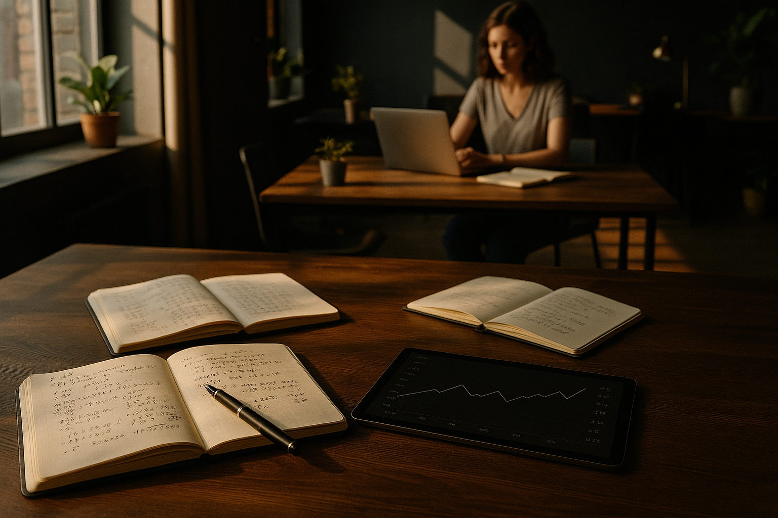 Candid loft scene with notebooks, pen, tablet, and workspace in warm, natural lighting.