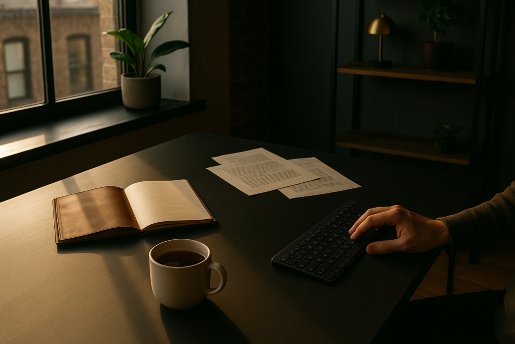 Candid loft scene with open leather notebook, vintage pages, steaming tea, and hand at keyboard