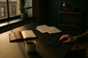 Candid loft scene with open leather notebook, vintage pages, steaming tea, and hand at keyboard
