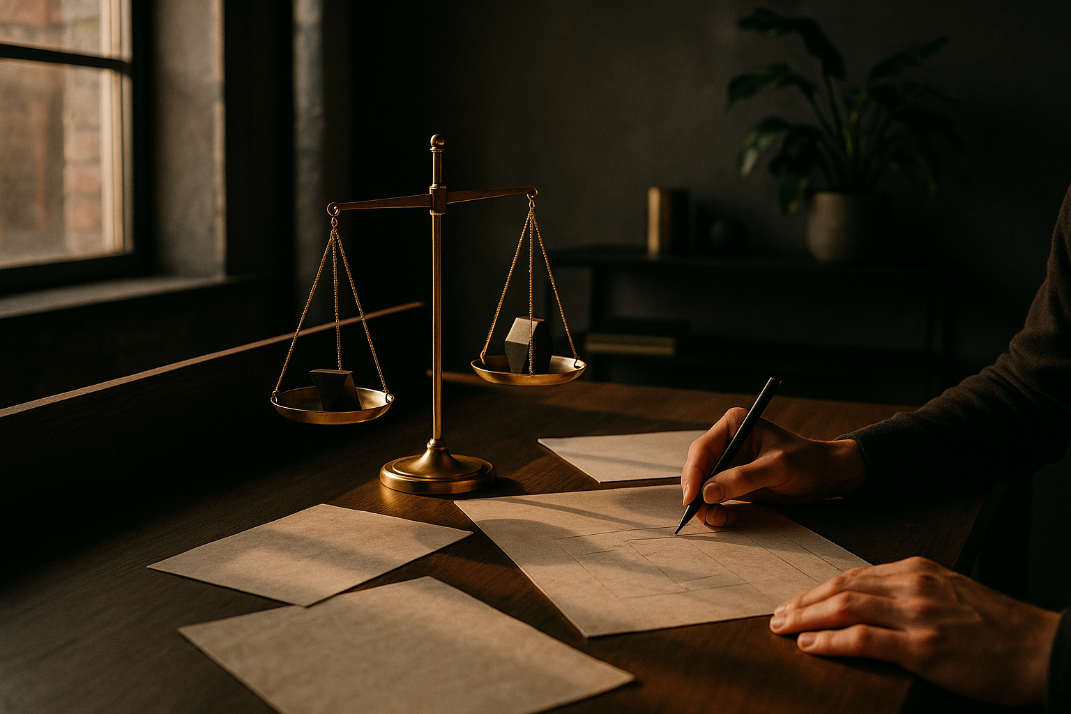 Candid loft scene with parchment, brass scale, hand measuring with black pen in warm light