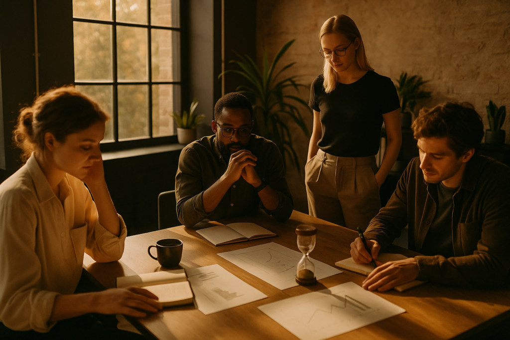 Candid loft scene with people working, notebooks, charts, hourglass, coffee in warm afternoon light.