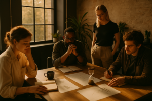 Candid loft scene with people working, notebooks, charts, hourglass, coffee in warm afternoon light.