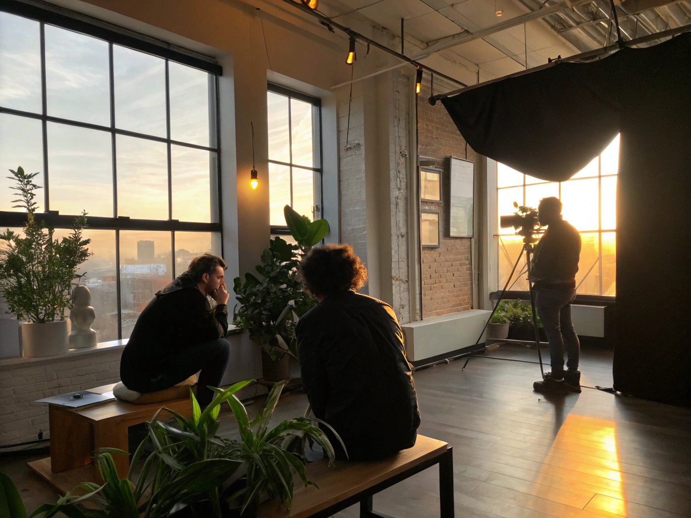 Candid loft scene with two figures, layered papers, warm lighting, and balanced private-public space.