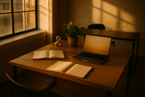 Candid loft workspace with notebooks, laptop, plant, gold sculpture, bathed in warm late-afternoon light.