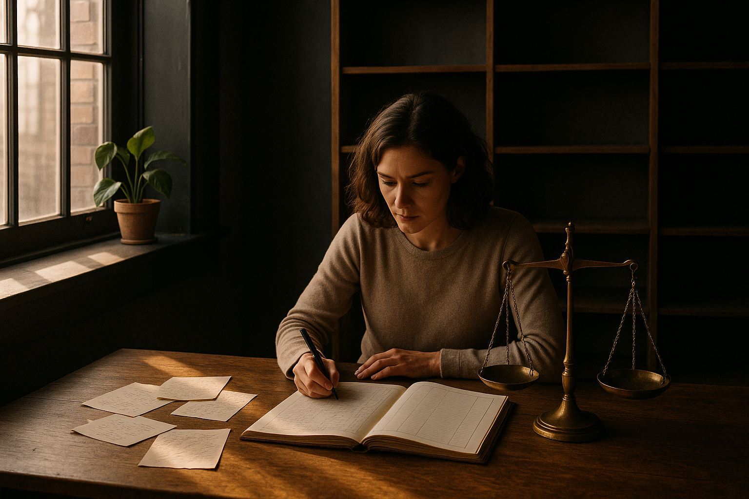 Candid loft workspace with notes, ledger, vintage scale, and empty shelves in warm light.