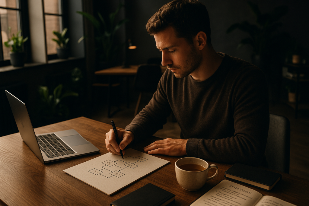 Candid scene of hands sketching flowcharts, laptop, tea, notebooks in a modern loft workspace.