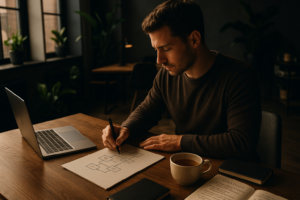 Candid scene of hands sketching flowcharts, laptop, tea, notebooks in a modern loft workspace.