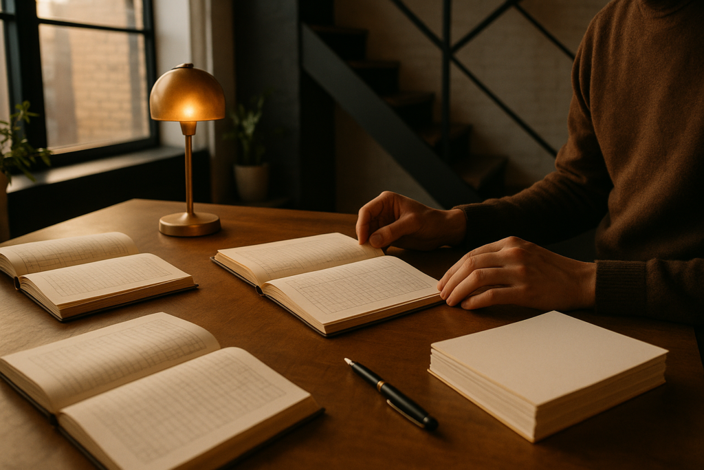 Candid scene of open ledgers, papers, fountain pen, desk lamp, and green plant in modern loft.