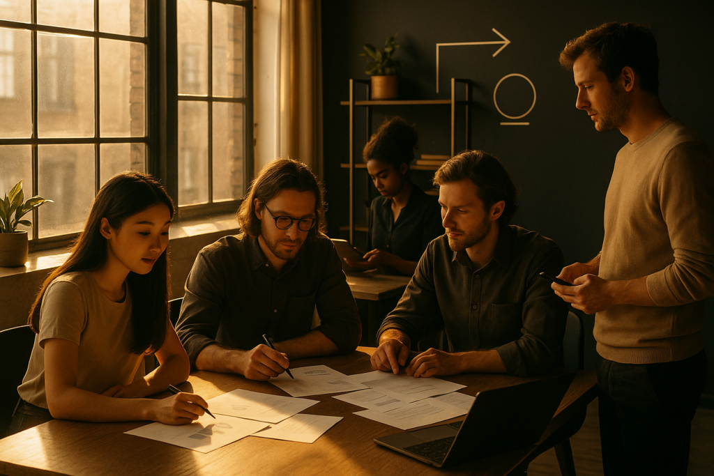 Candid scene of professionals collaborating in a modern loft with warm lighting and subtle financial symbols.