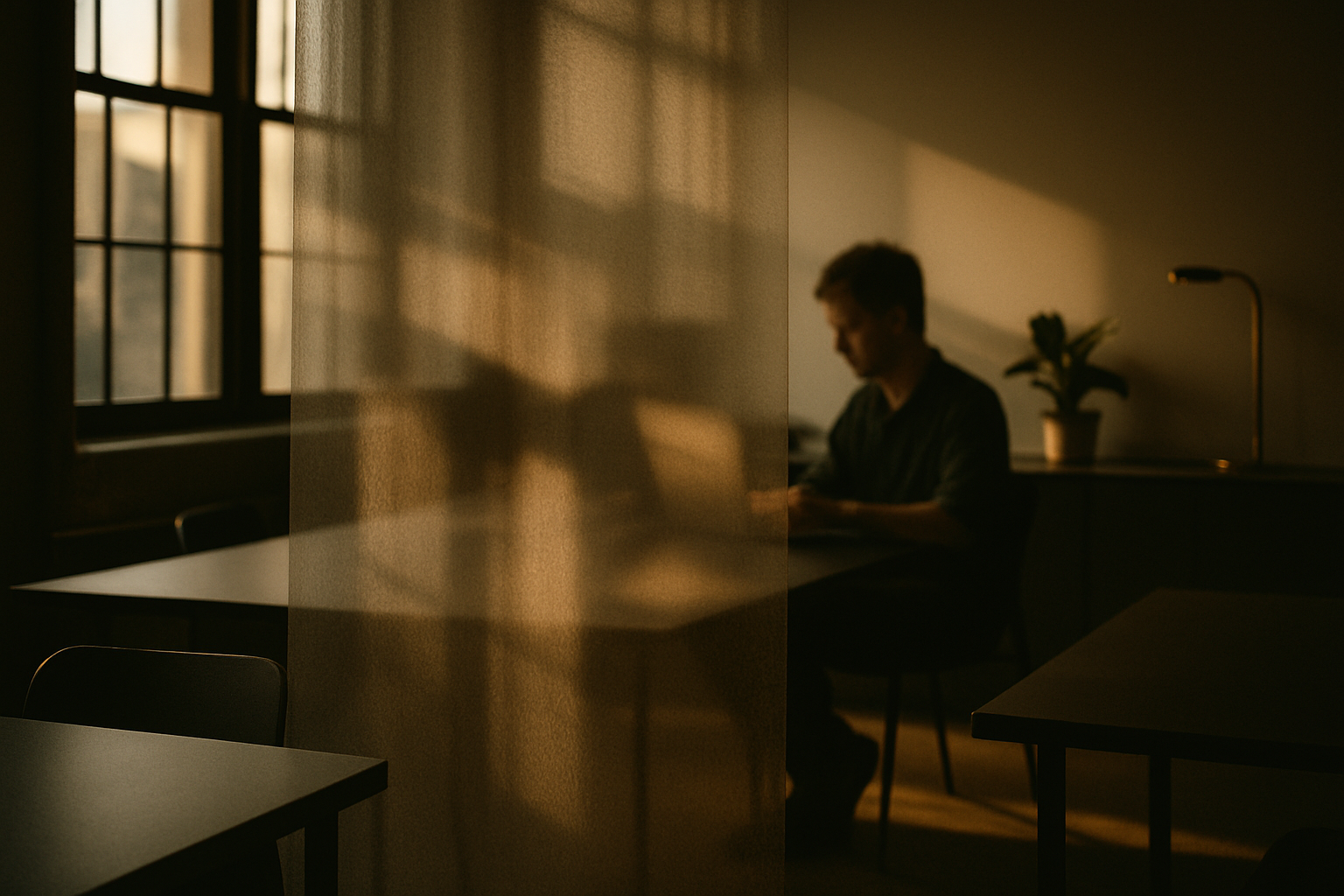 Candid scene of translucent veils and screens in a modern co-working loft, suggesting digital privacy.
