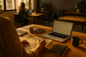 Candid workspace scene with hands sketching growth charts, laptop, notebooks, and coffee in warm light
