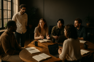 Diverse group discussing around notebooks and laptops in a warm, modern co-working loft.