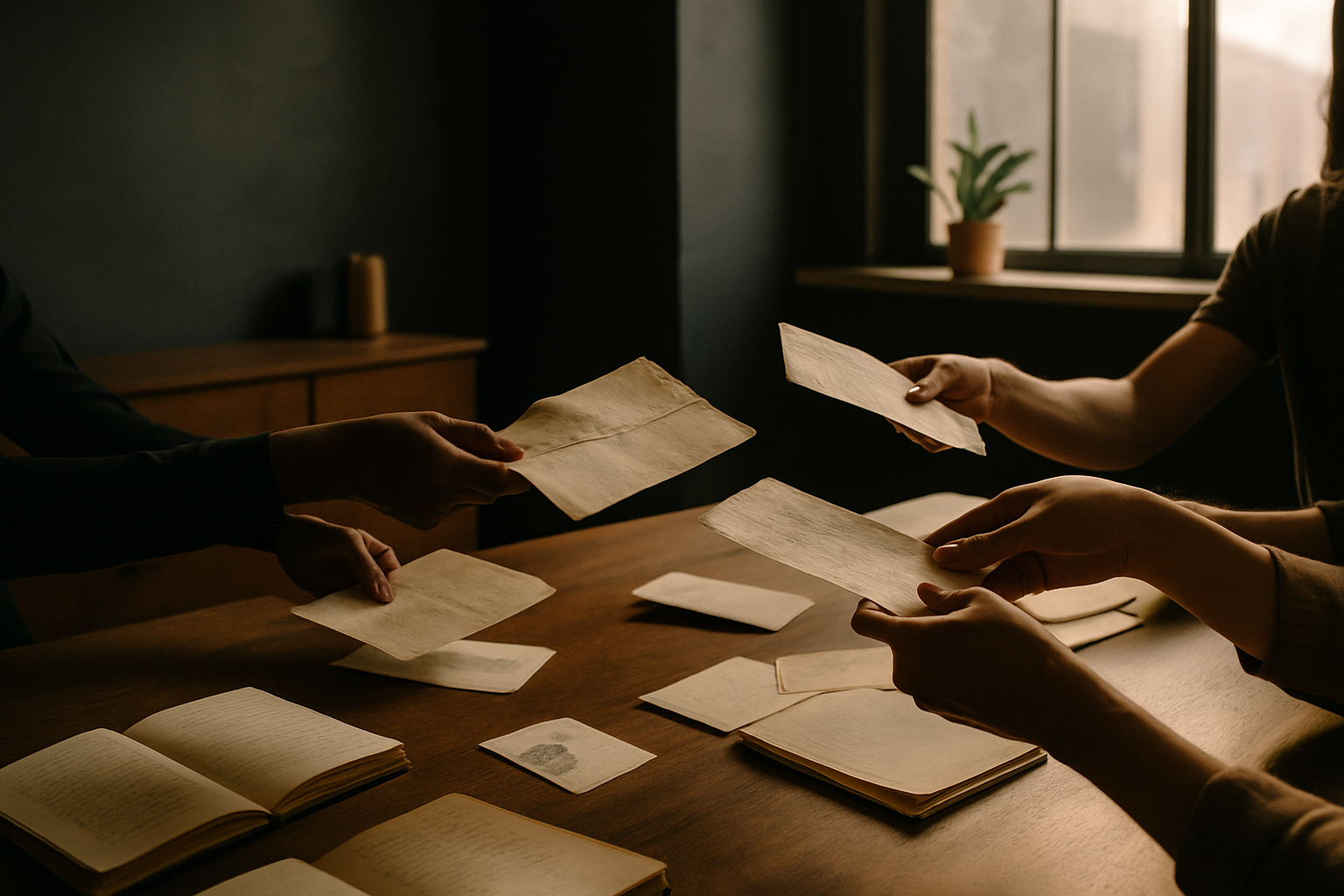 Diverse hands exchange old papers amid journals in a modern loft with warm, earthy tones.