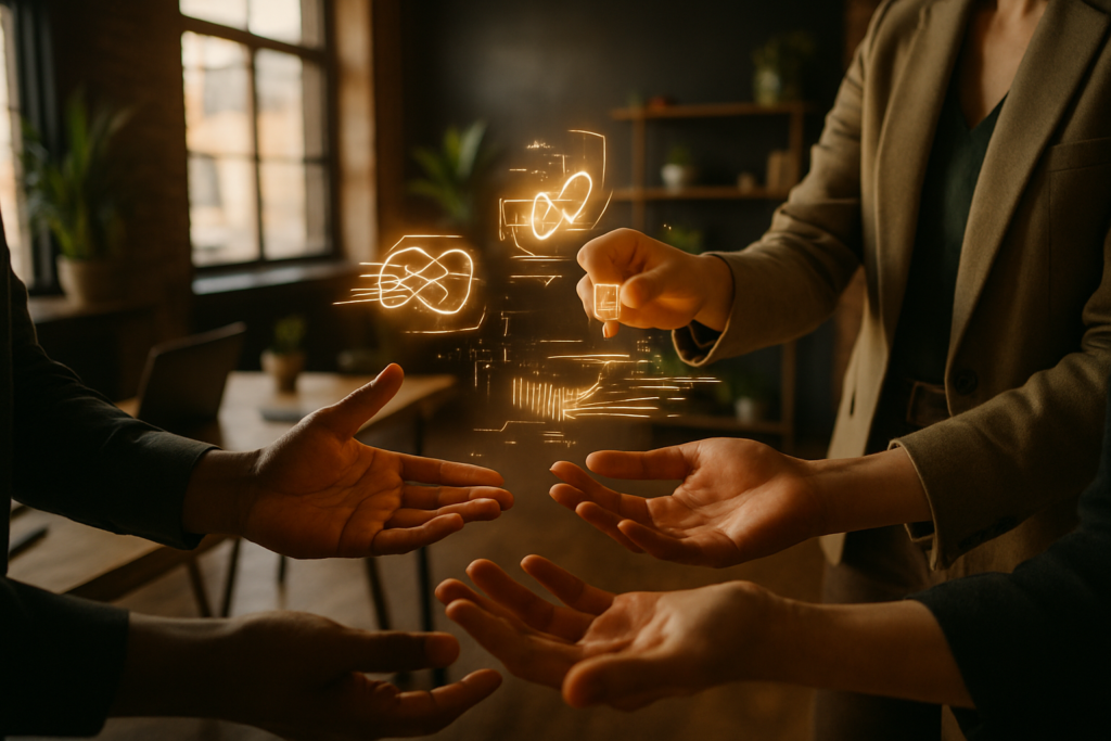 Diverse hands exchanging glowing digital symbols in a modern, warmly lit loft setting.