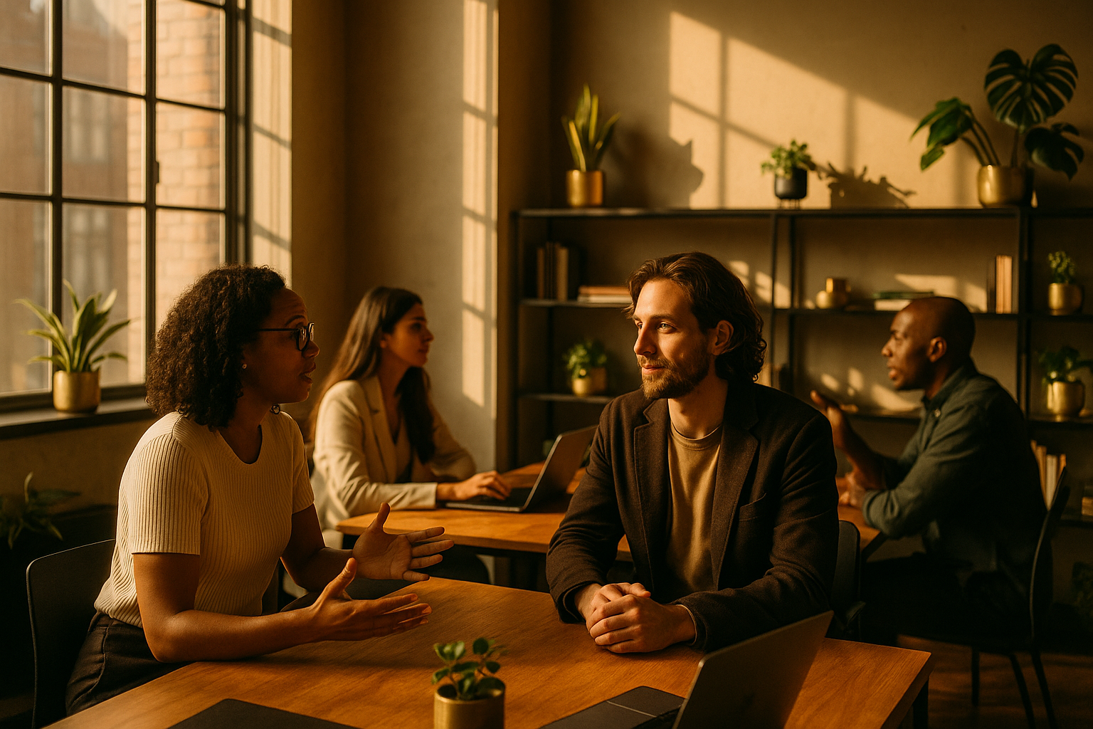 Diverse people collaborating in a modern loft with warm lighting, plants, and dynamic gestures.