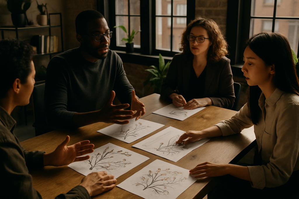 Diverse professionals collaborate around a wooden table with papers, plants, and warm lighting.