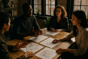 Diverse professionals collaborate around a wooden table with papers, plants, and warm lighting.