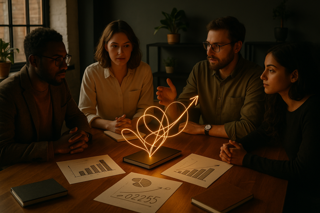 Diverse professionals discuss growth symbols in a modern loft with warm light and natural decor.