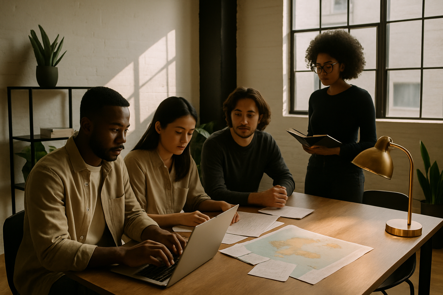 Diverse professionals working quietly in a modern loft with natural light and earthy decor.