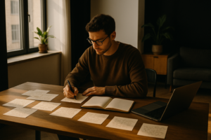 Focused individual in a modern loft surrounded by notes, journals, and a laptop, engaged in planning.