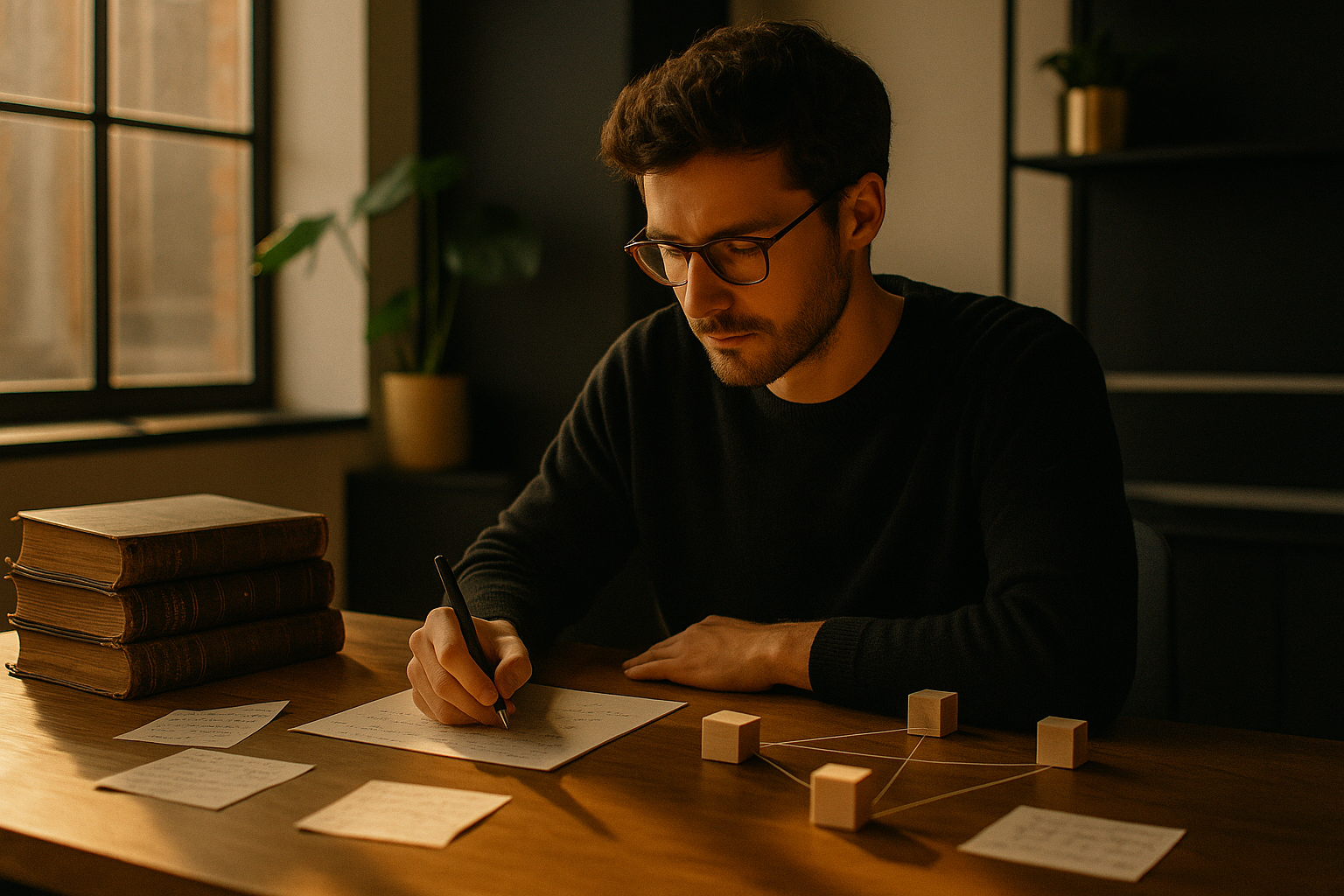 Focused individual in modern loft surrounded by logistics symbols and handwritten notes.
