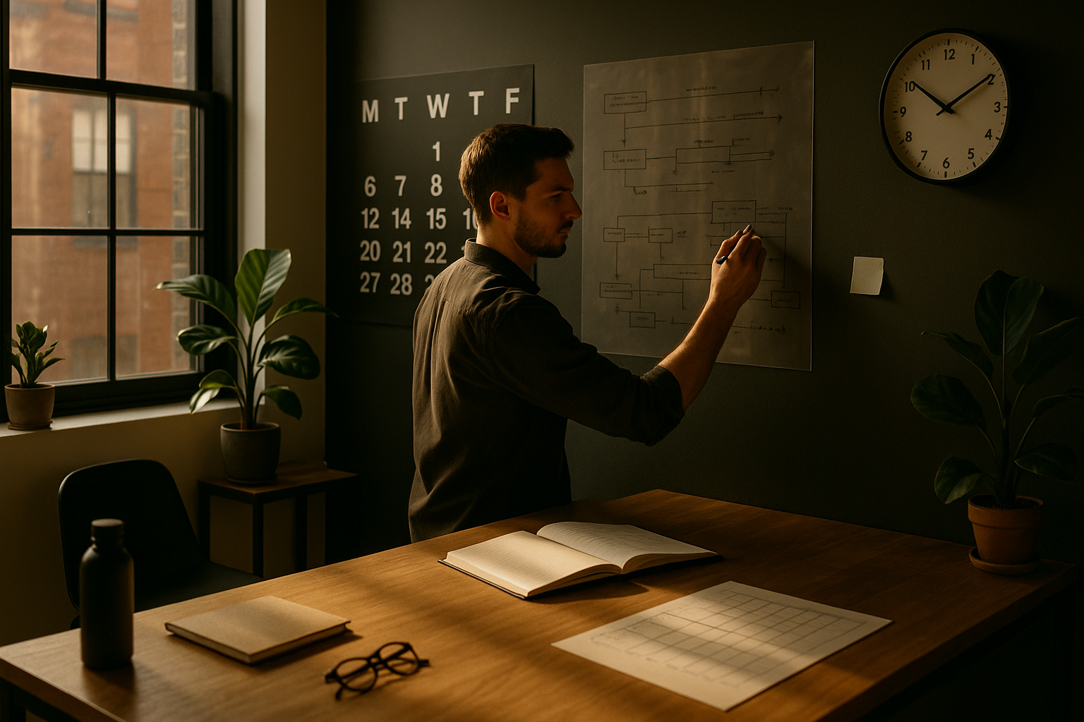 Focused individual tracing flowcharts on translucent sheets in modern co-working loft with natural light.