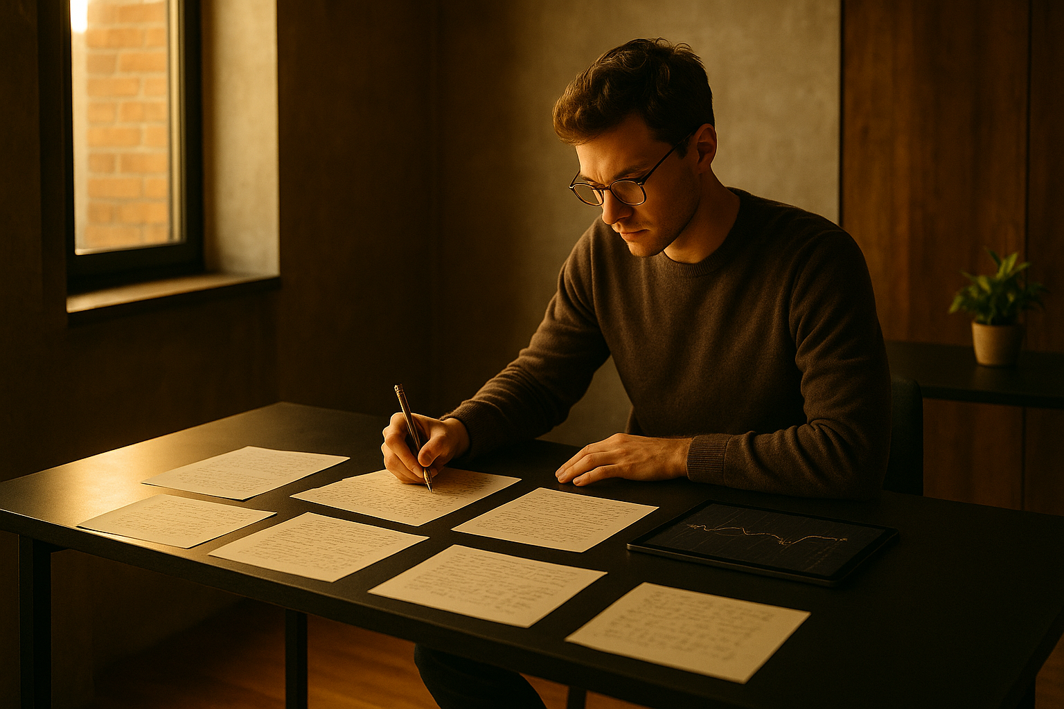 Focused individual working at black desk with notes, digital tablet, and green plant in modern loft.