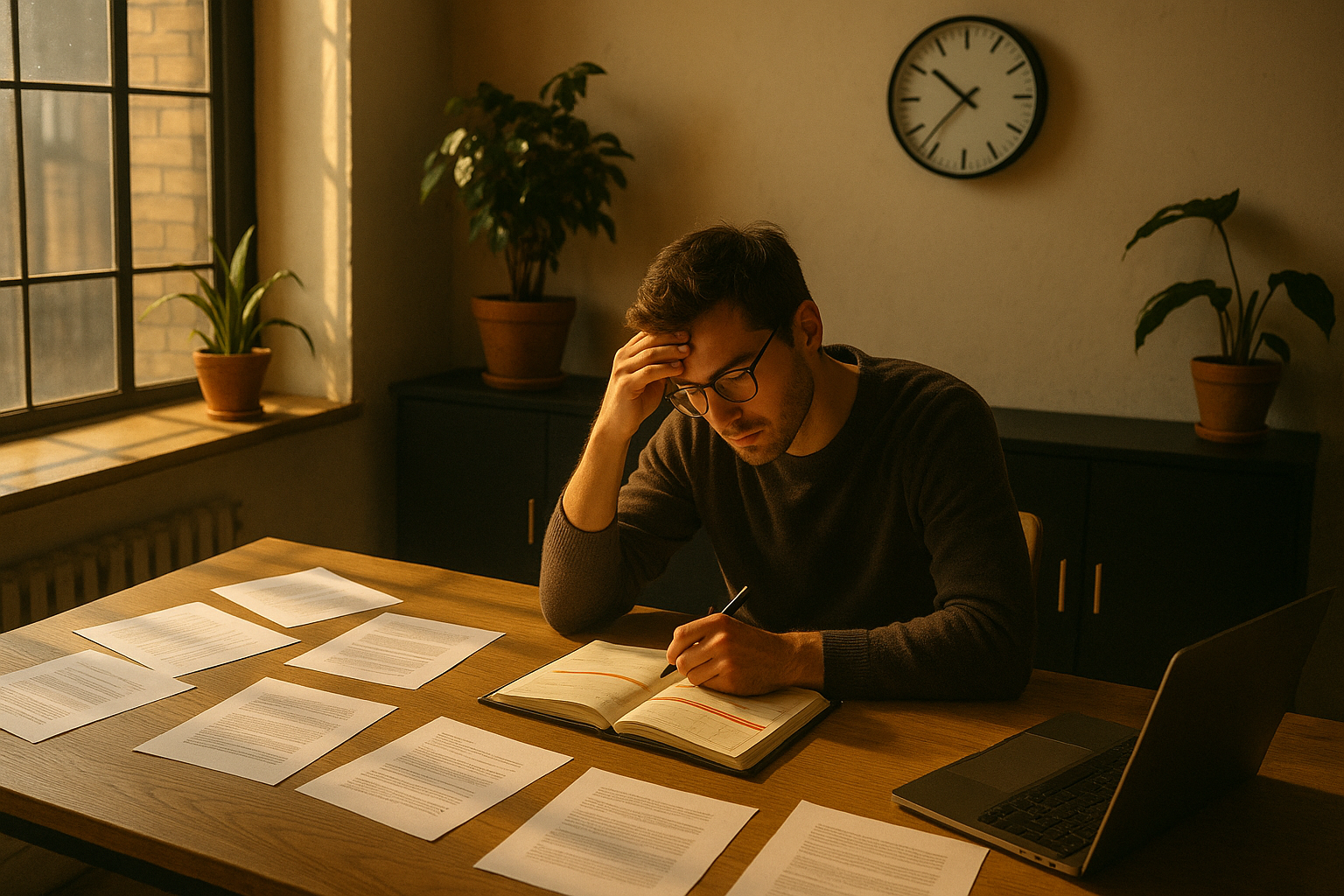 Focused person amid papers, planner, clock, in a modern loft with warm, earthy tones.