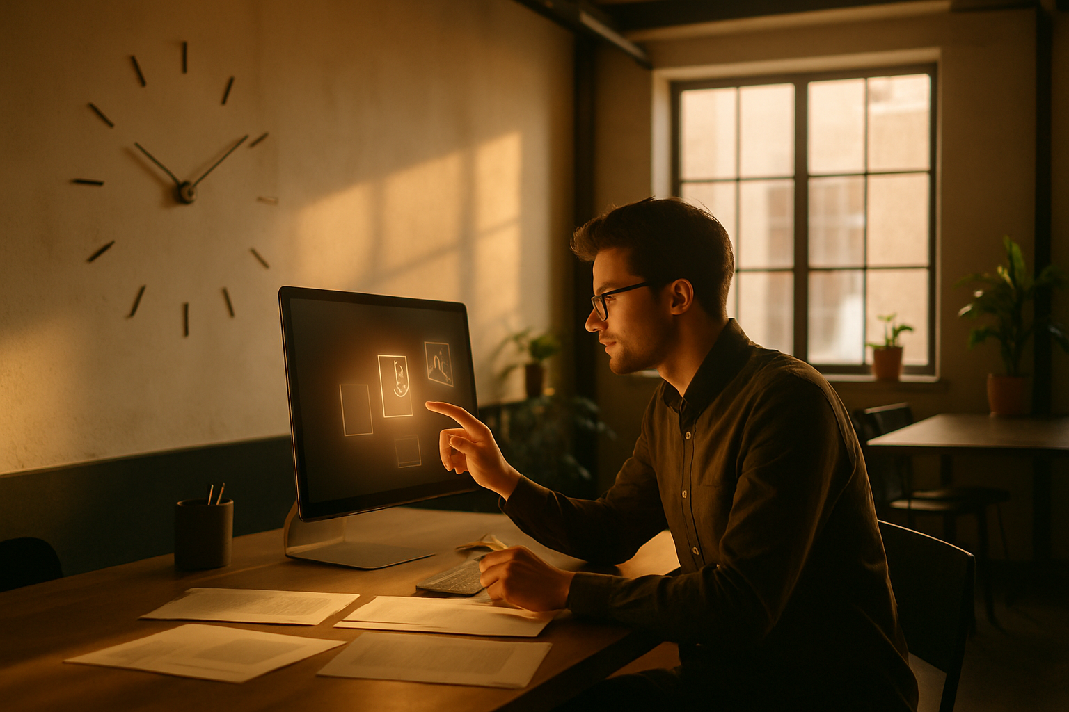 Focused person engaging with glowing digital interface in modern loft with warm tones and natural decor.